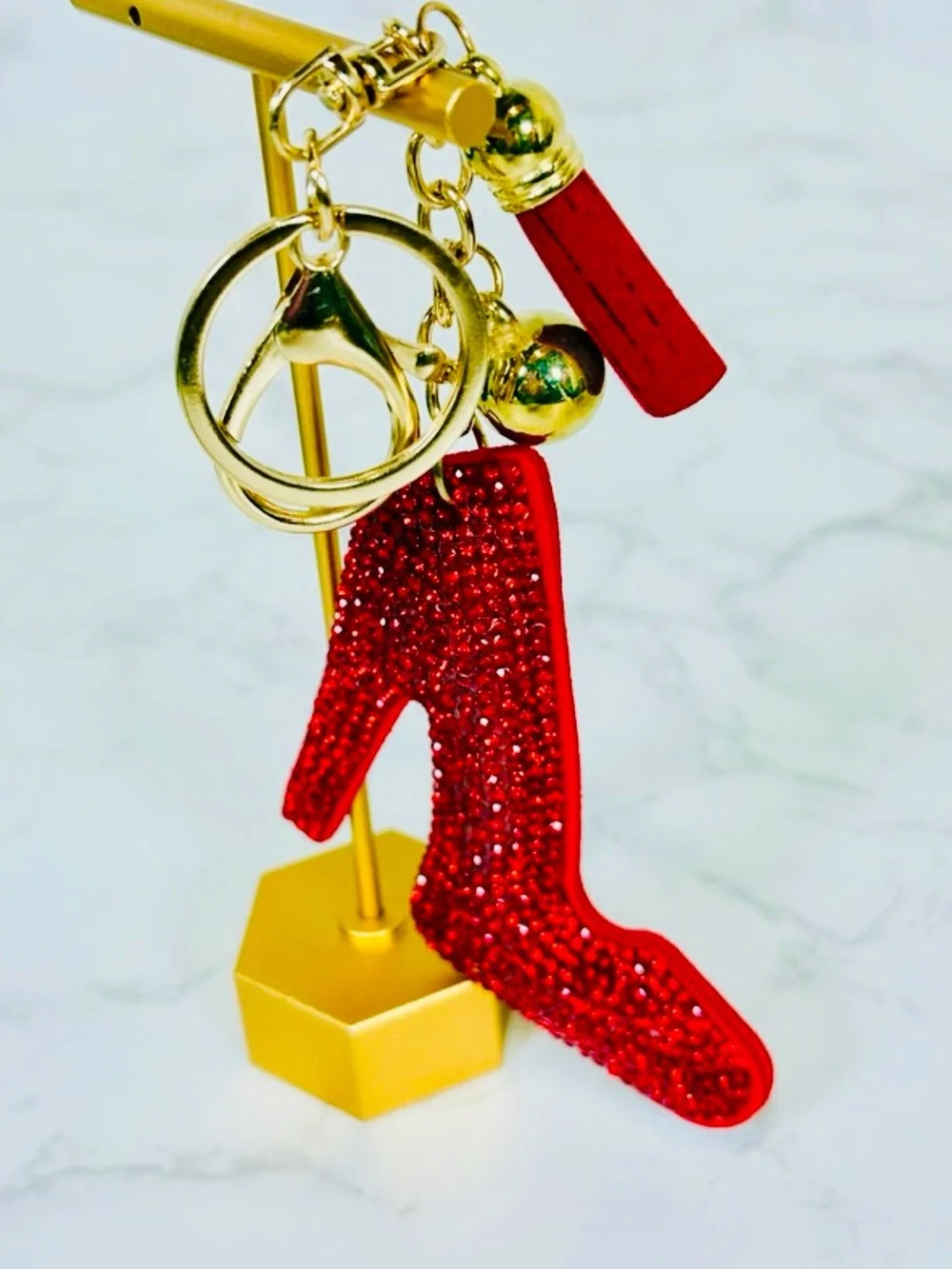 A-1DC-39: BAG CHARM/KEYCHAIN: Red w/Golden Accents, Gems w/Ball & Tassel, NIP